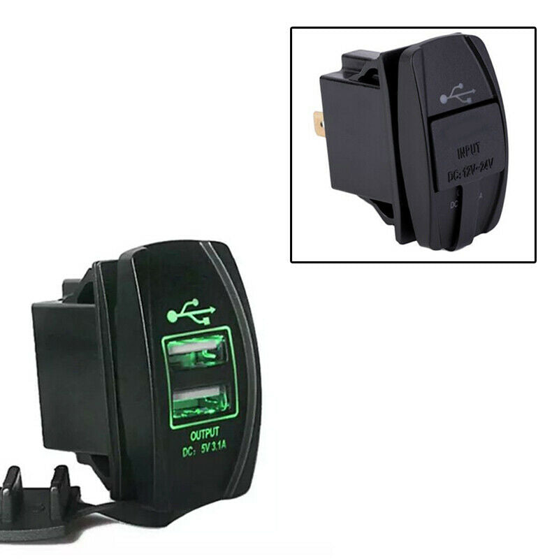 Universal 3.1A Dual USB Charger Voltmeter Rocker Push Switch Car Boat Green LED