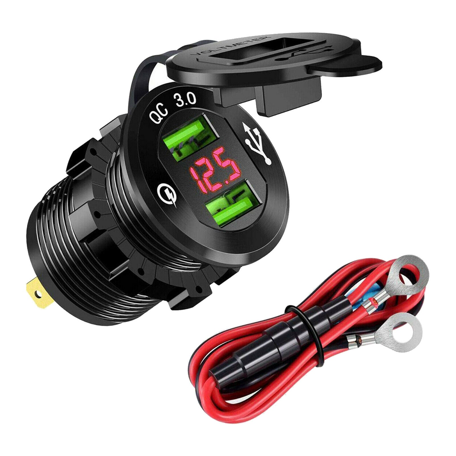 Quick Charge Car Charger Socket QC3.0 Socket LED Voltmeter Boat Black+Red