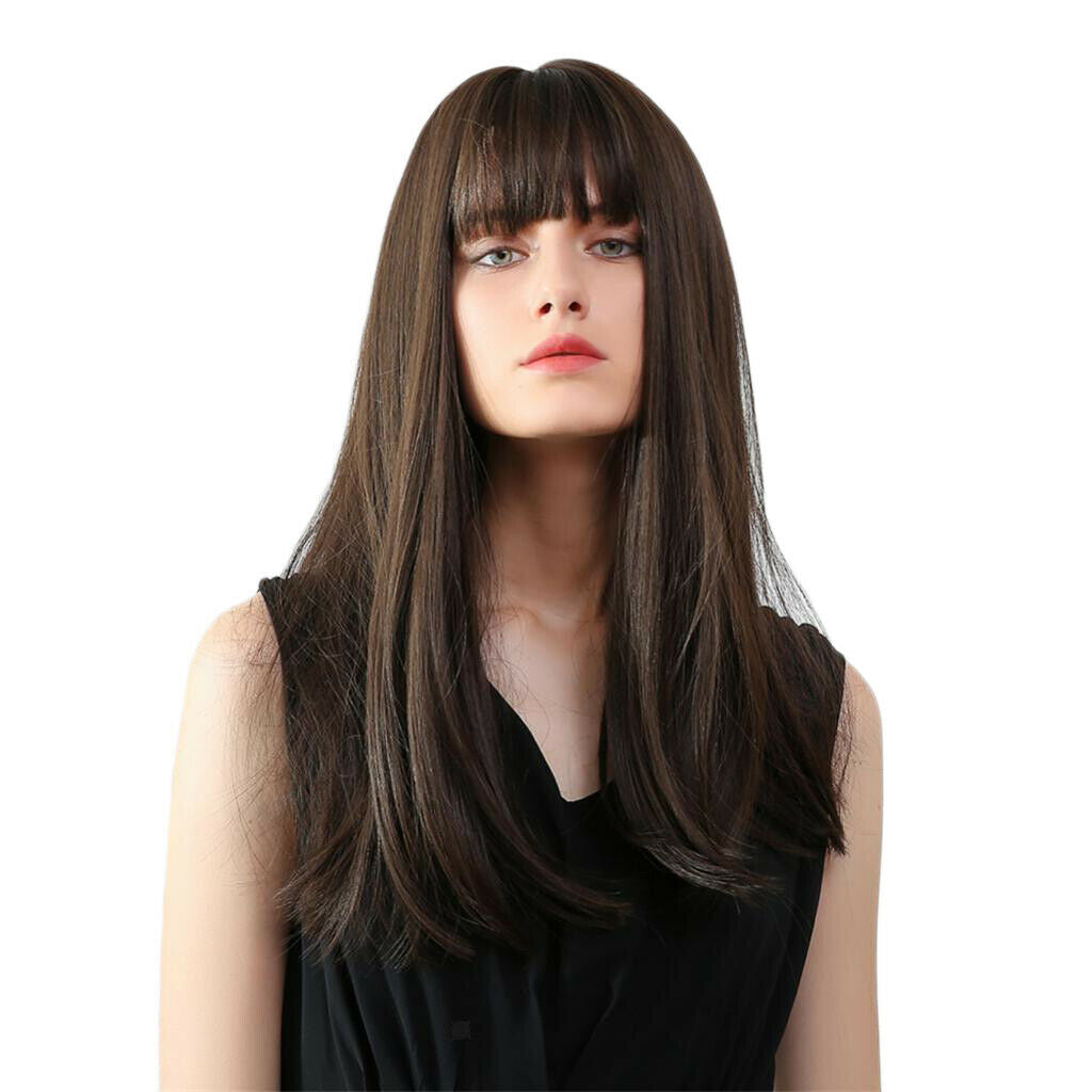 20inches Lady Heat Resist Wigs With Bangs Costume Daily Party Wig Dark Brown