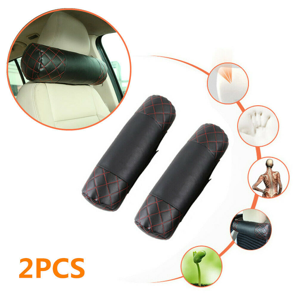 2X Car Rest Cushion Seat Neck Pillows Headrest Sports Style Universal PU Leather