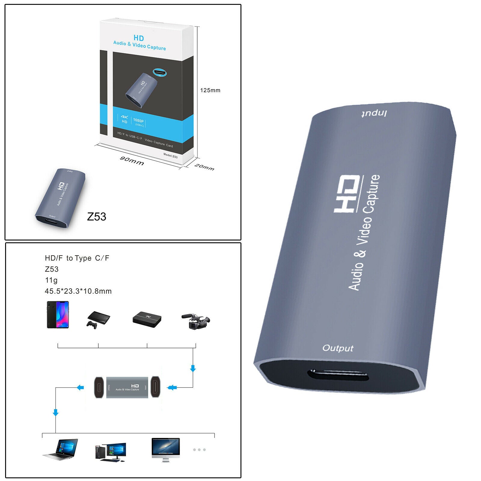 Audio Video Capture Card USB-C 4K for Recording Live Broadcasting Gaming