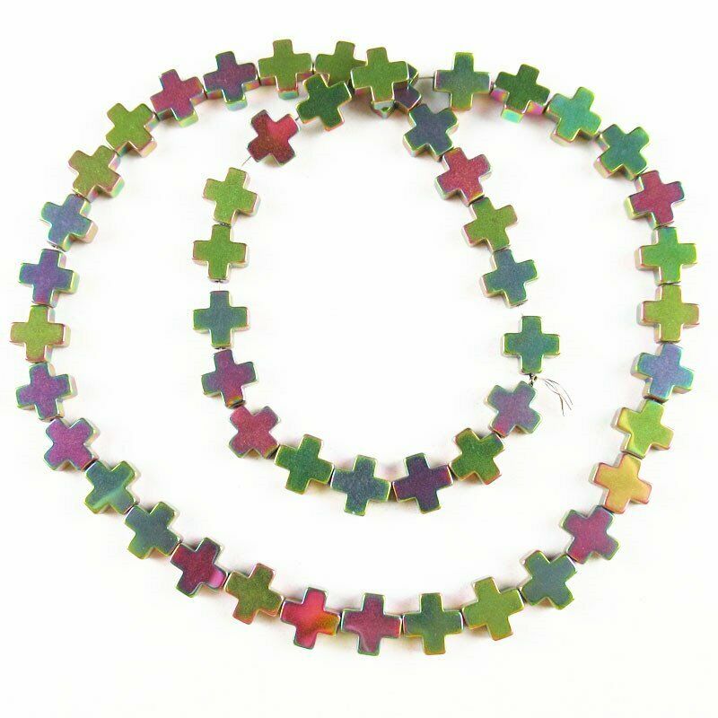One Strand 8x8x3mm Rainbow Hematite Cross Pendant Loose Bead 15.5 inch A-390TS
