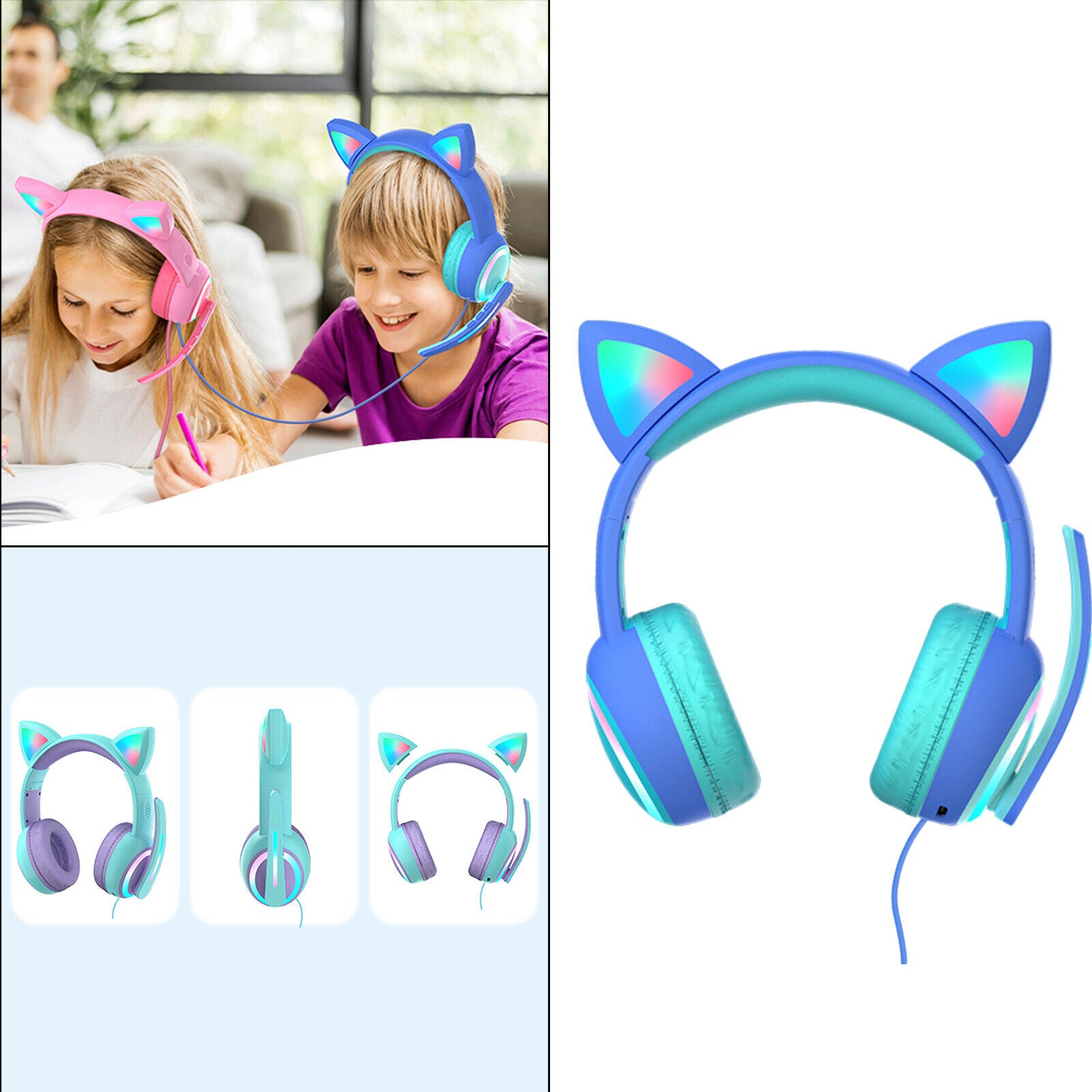 Kid LED Fashion Cute Cat Ear Headphones On-Ear Headsets with Mic Foldable Wired