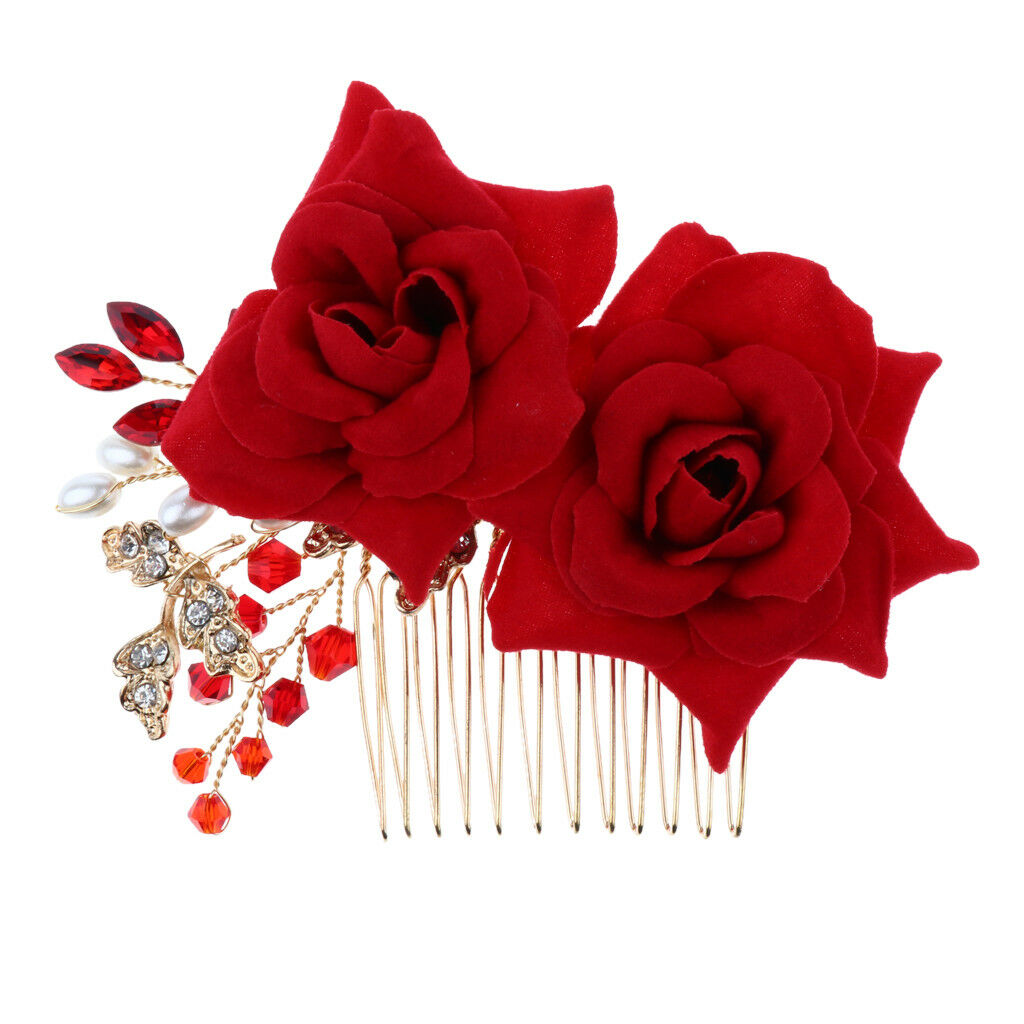 Bridal Hair Comb Headpiece Red Rose Crystal Sparkling Hair Jewel with Pearls