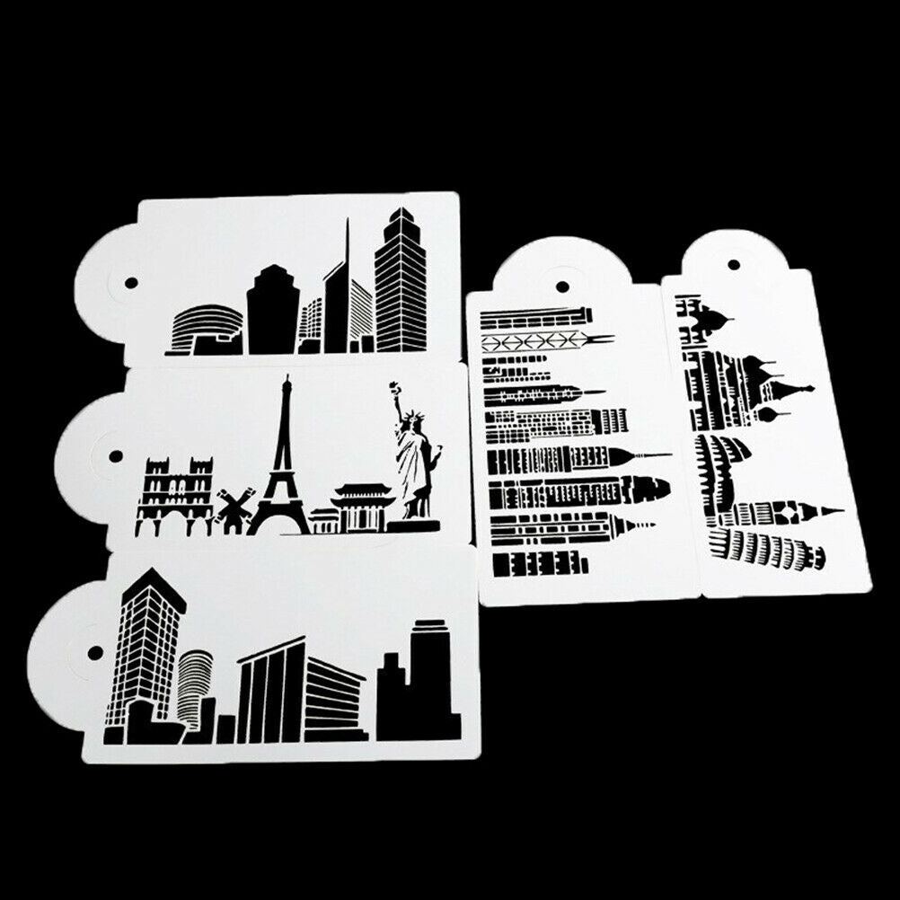 5PCS Buildings Cake Stencils Cookies Mousse Mold Coffee Template Bakingcraft Tt