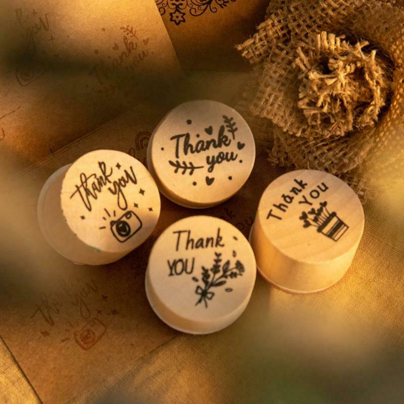 6pcs Card Making Stamps Set Thank You Decorative Mounted Wooden Rubber Stamp DIY