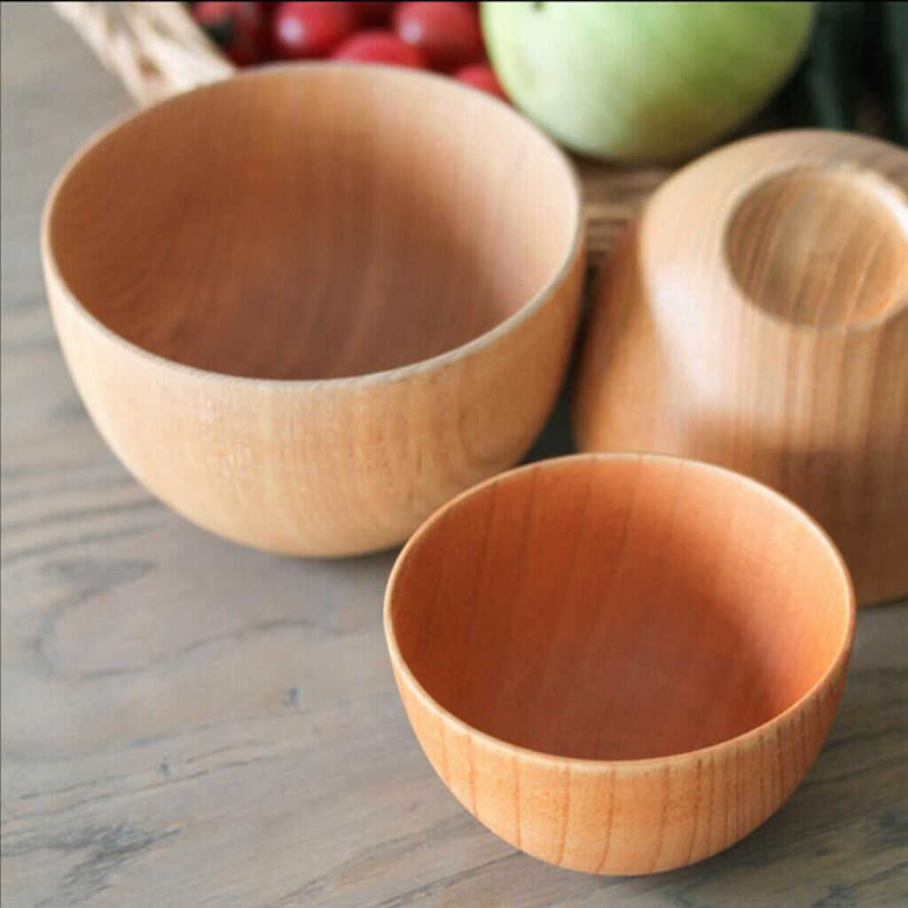 2x Wood Cereal Bowl Food Container Dinner Tableware Home 12x7cm&12.8x8cm