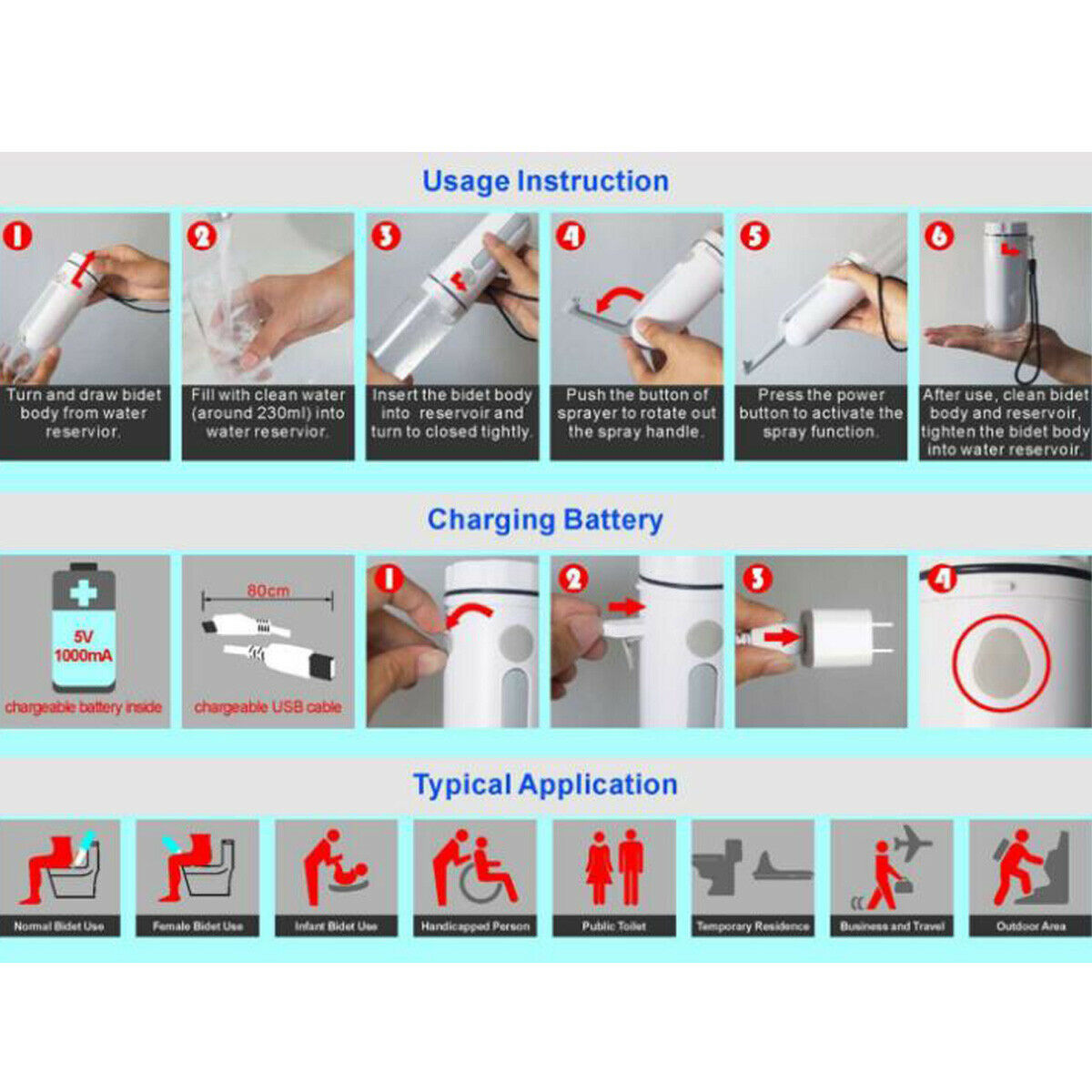 Electric Handheld Toilet Bidet Portable Sprayer Handy Travel Bidet Irrigator