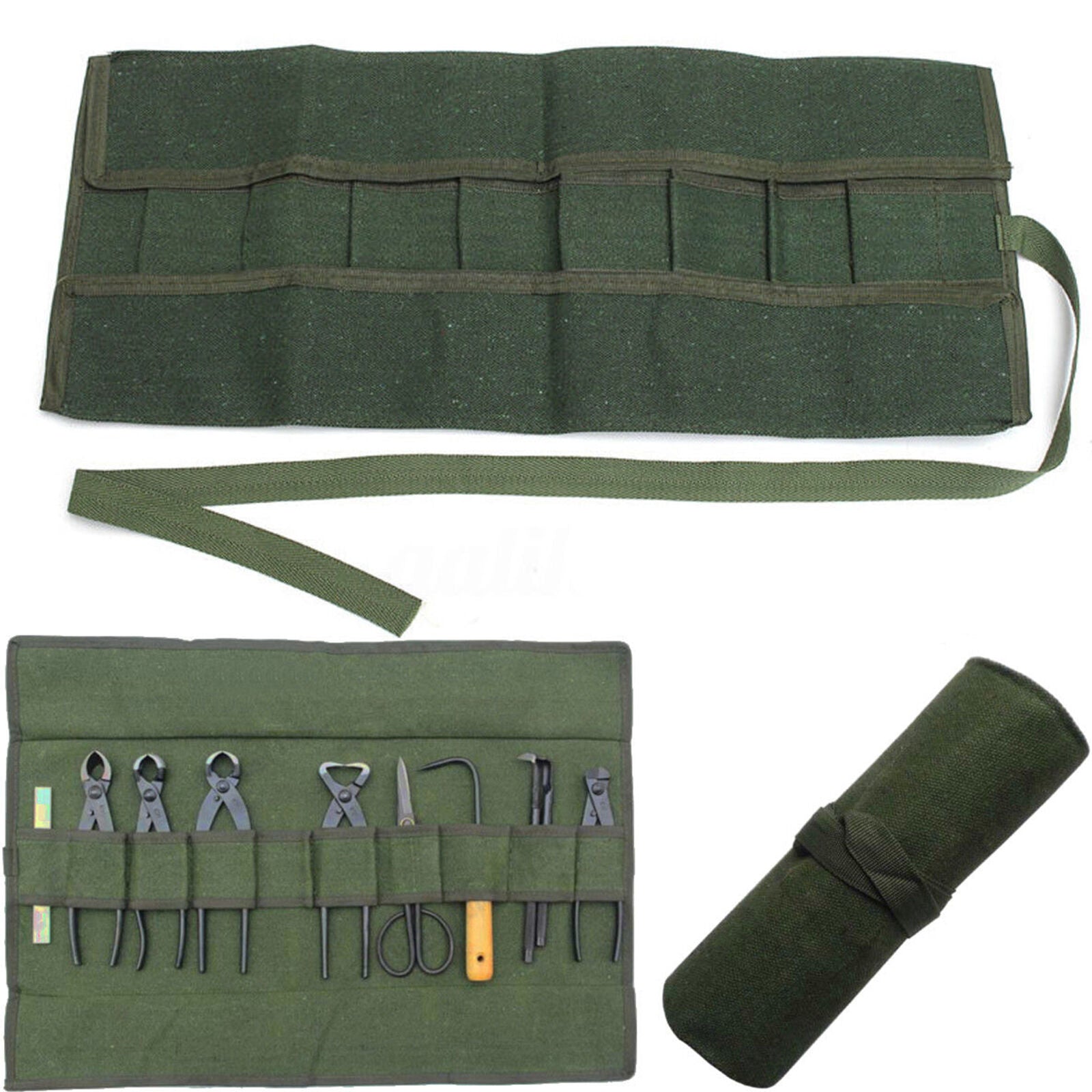 Green Canvas Bonsai Tool Storage Package Roll Bag Tool Organizer Case