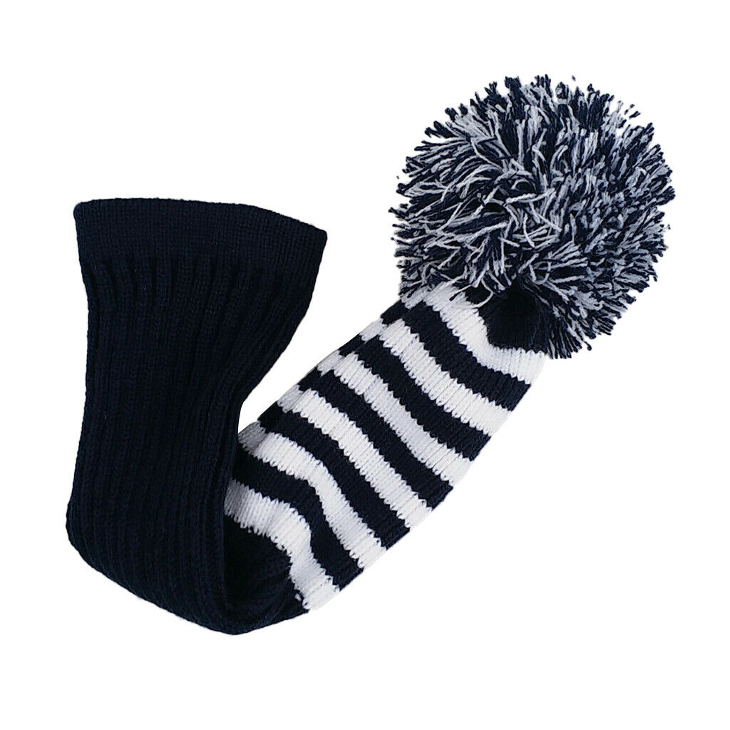 Woolen Yarn White Knit Stripes Pom Pom Golf Club Head Cover Classic Long Neck