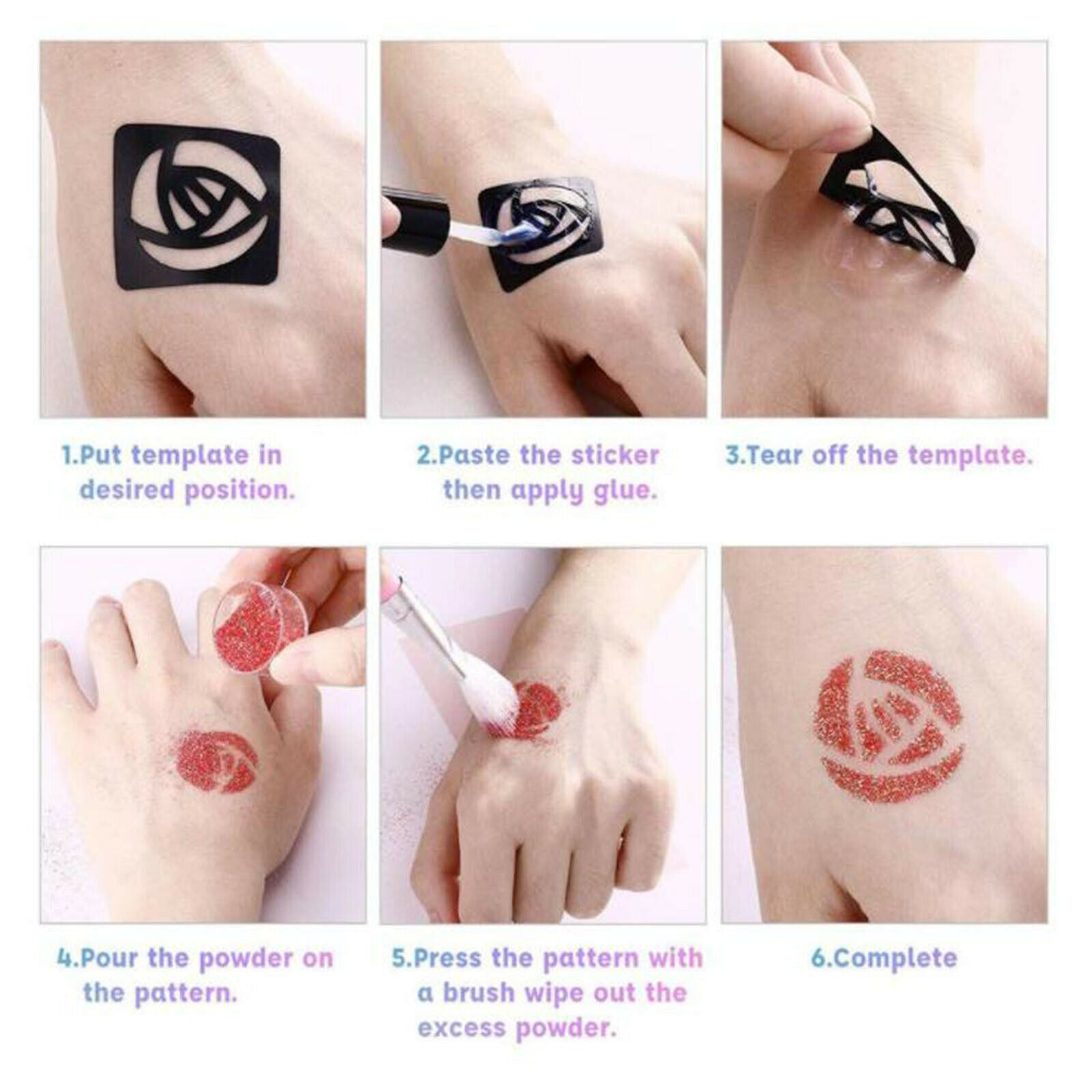 Body Glitter Tattoo Kit 12 Color Glitter Powder Stencils Glue Brush Set