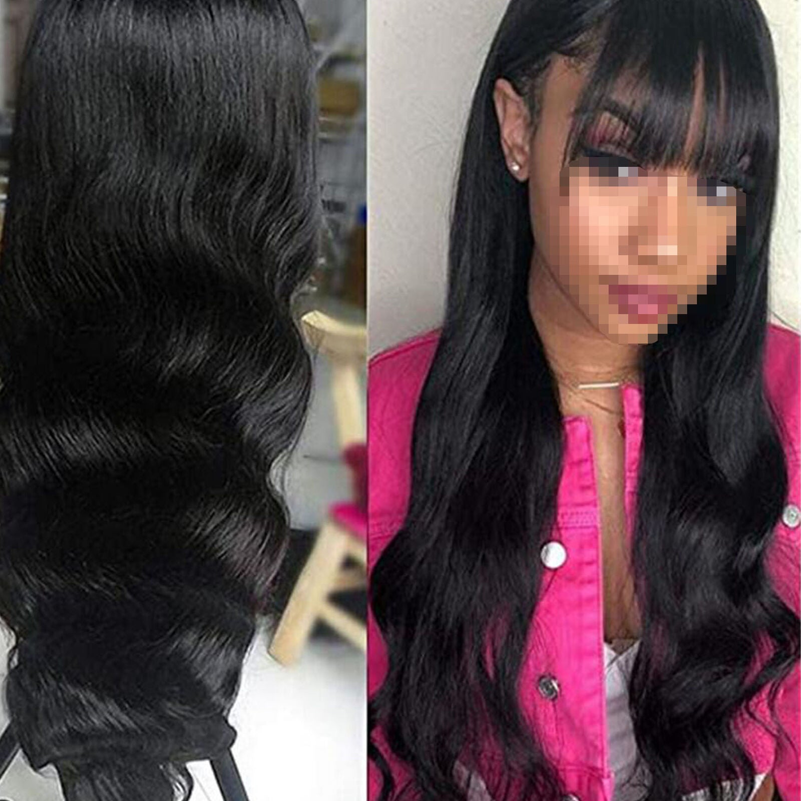 Black Women Wigs with Bangs Long Body Wave Wavy Synthetic Daily Hair Wig