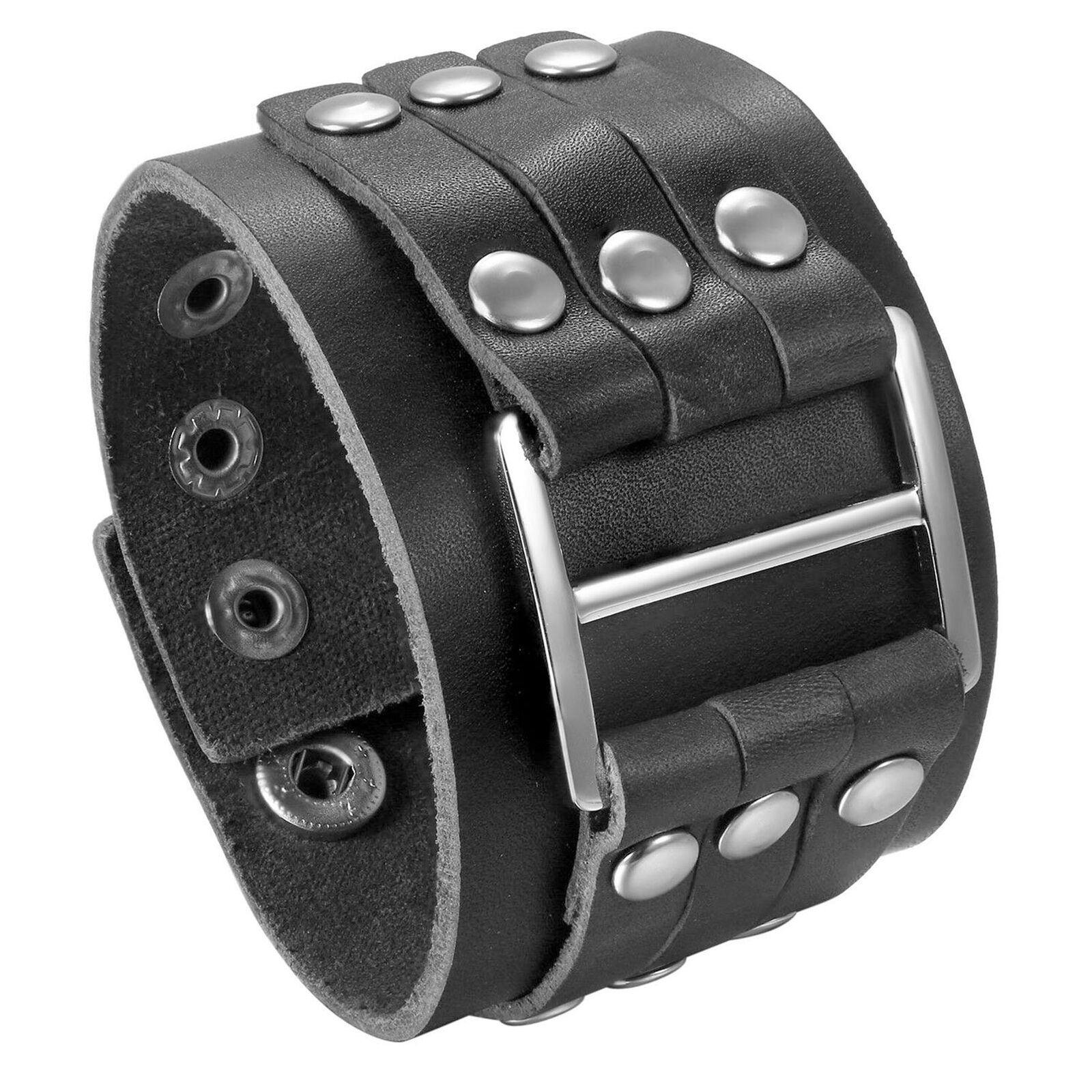 Men's Punk Wide Leather Big Buckle Rivet Cuff Wristband Bracelet Bangle