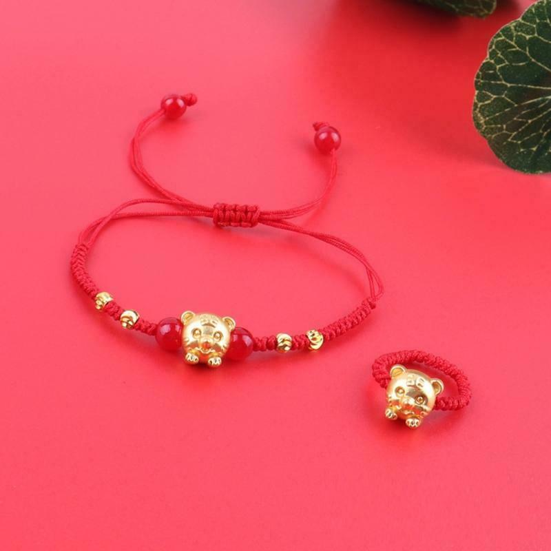 Tiger Pendant Hand Knotted Adjustable Charm Lucky Bracelet Ring for Men Women