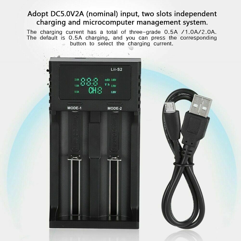 2-Bay Smart Battery Charger Digital Display LiitoKala LII-S2 for 18650 26650 AAA