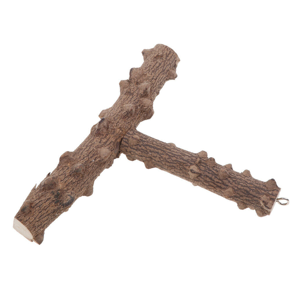 T-shape Wood Pet Parrot Perch Stand with Buckle, Outside/Cage Attachment