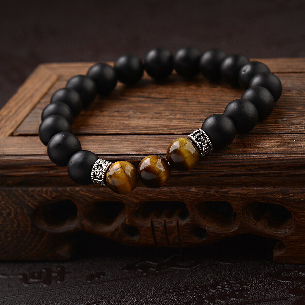 Hot Men's Fashion Black Onyx Stone Tiger Eye Sanskrit Beads Cuff Charm Bracelets