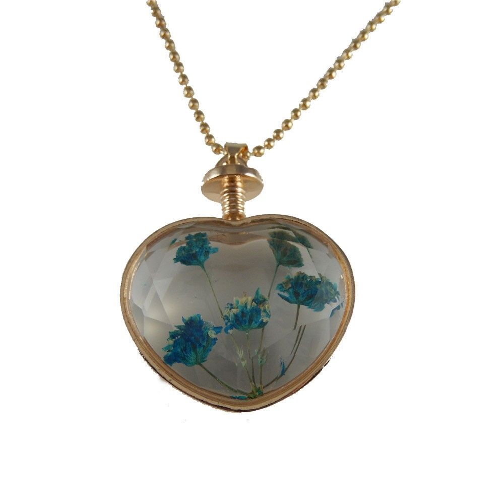 1-pack Clear Glass Heart Floating Dried Flowers Necklace Pendant Jewelry 24 inch