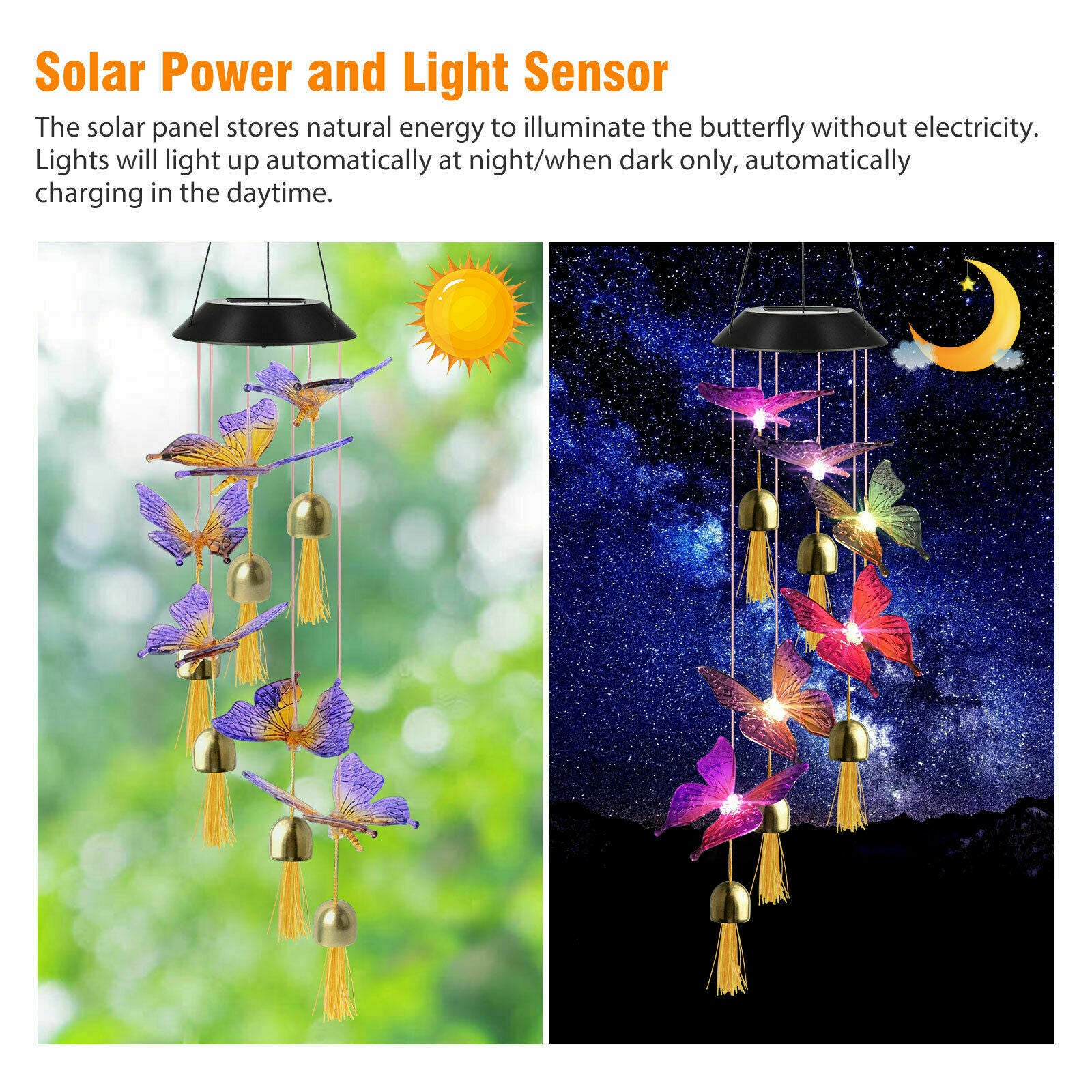 Solar Power LED Butterfly Wind Chime Lamp Color Changing Home Yard Garden Decor