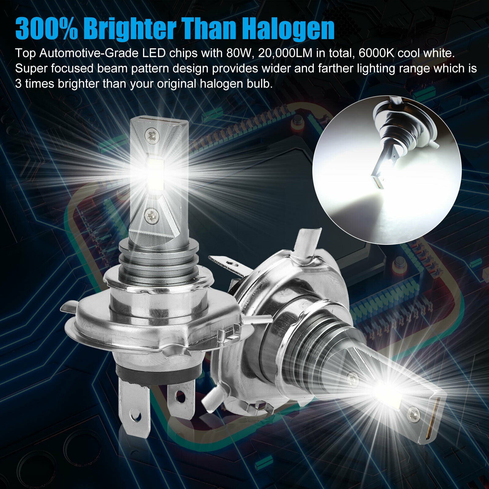 2Pcs H4 9003 HB2 LED Headlight High Low Beam Light Bulbs Kit 20000LM 6000K White