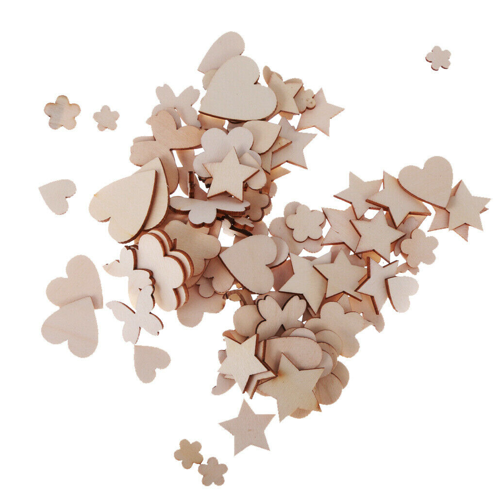 100pcs Assorted Wood Shape Heart Plum Flower Star Ebellishments For