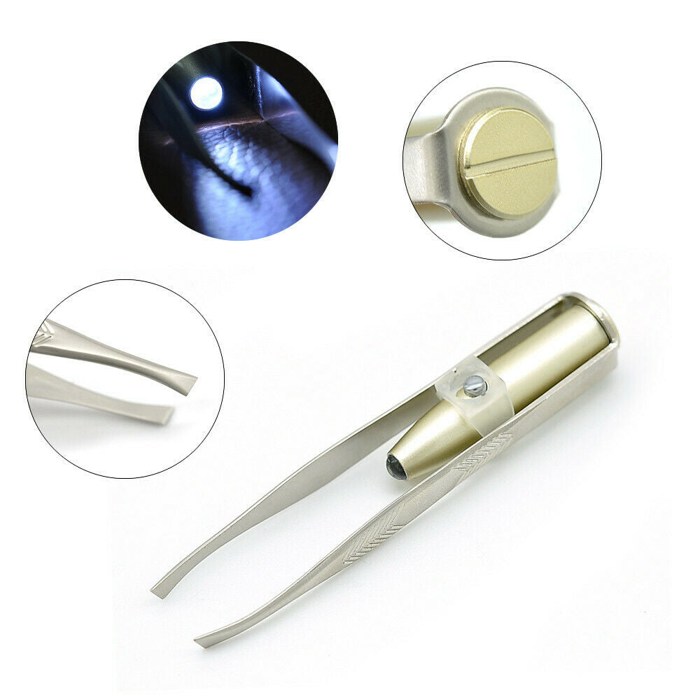 Make Up Tool LED Light Eyelash Eyebrow Hair Removal Tweezer Stainless Steel ~