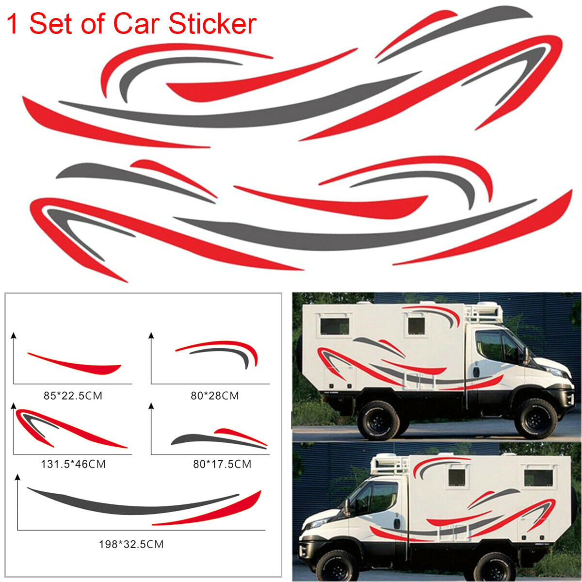1 Set of Car RV Camper Stripe Graphic Vinyl Stickers Red + Gray Waterproof