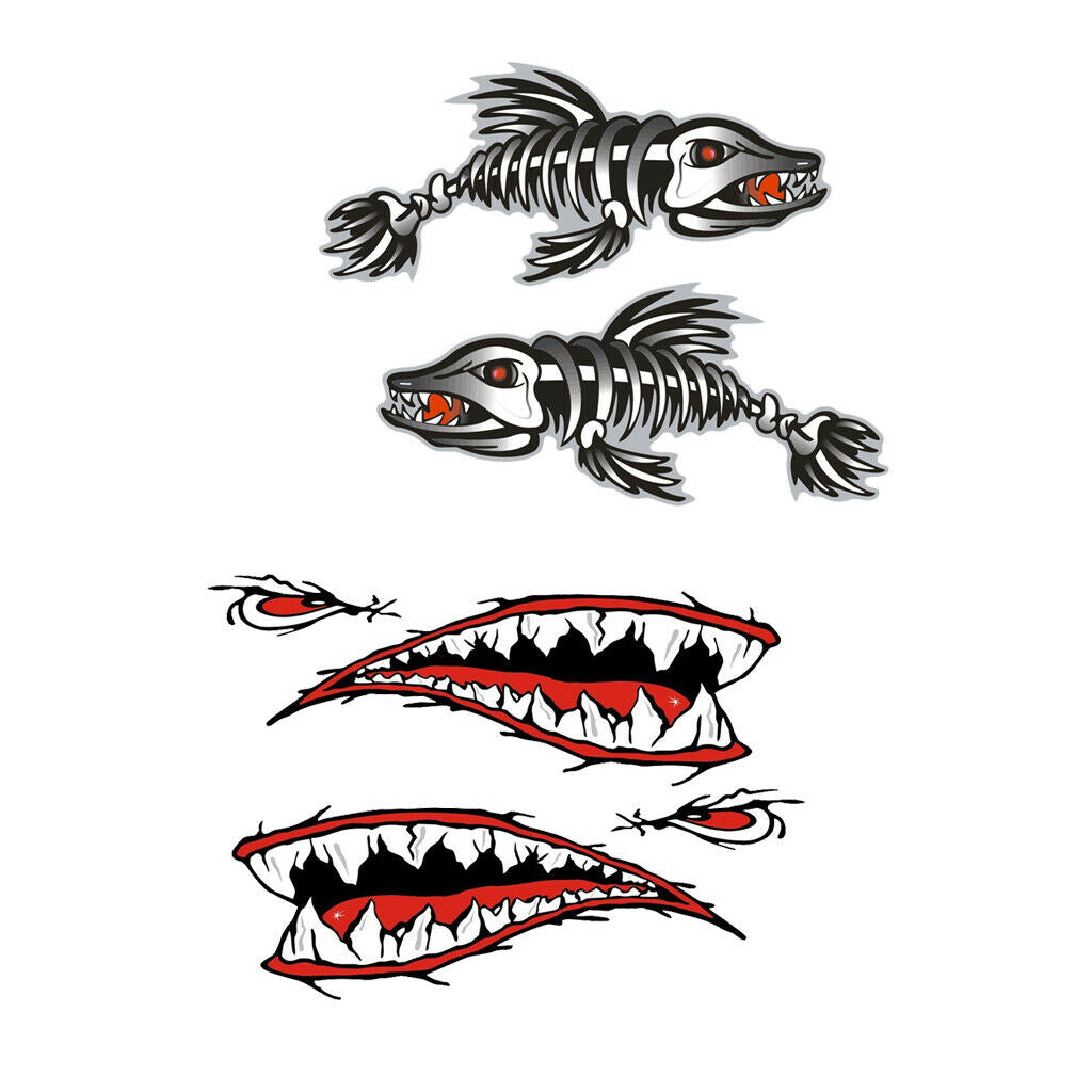 4 Pieces Skeleton Fish Shark Mouth Canoe Kayak Decals Fishing Boat Graphics