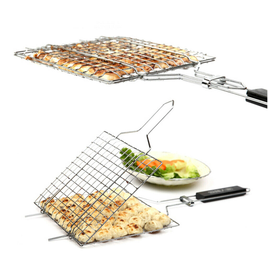 Outdoor BBQ Meat Grill Basket Clip Barbeque Stainless Steel Wire Tray Net