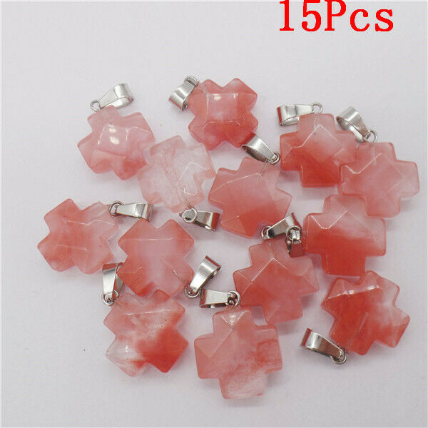 15Pcs 16x7mm Red Cherry Quartz Faceted Cross Pendant Bead DIY Necklace HH9526