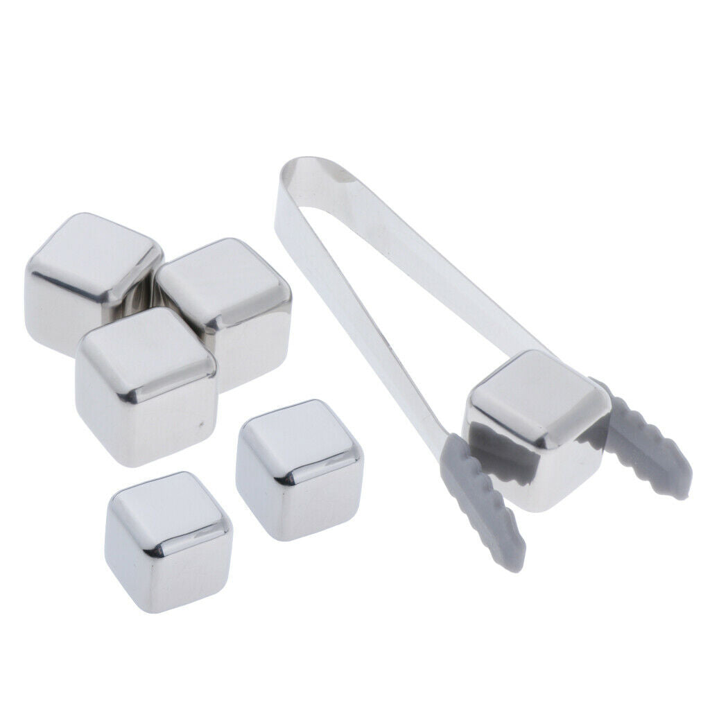 Stainless Steel Whisky Chilling Stones Bar Reusable Ice Cubes with Tong 6pcs