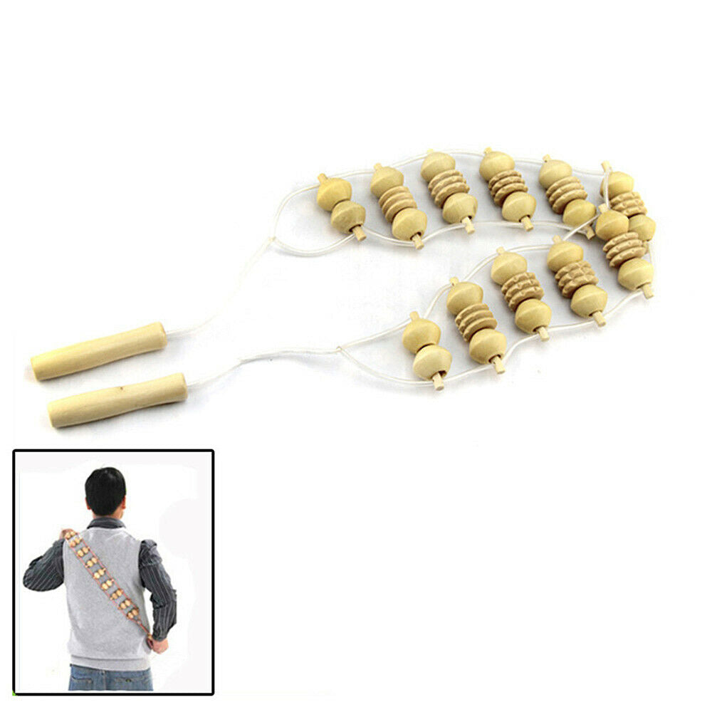 Wooden Massager Roller Tool Rope Body Muscle Pain Relief Trigger Point Therapy