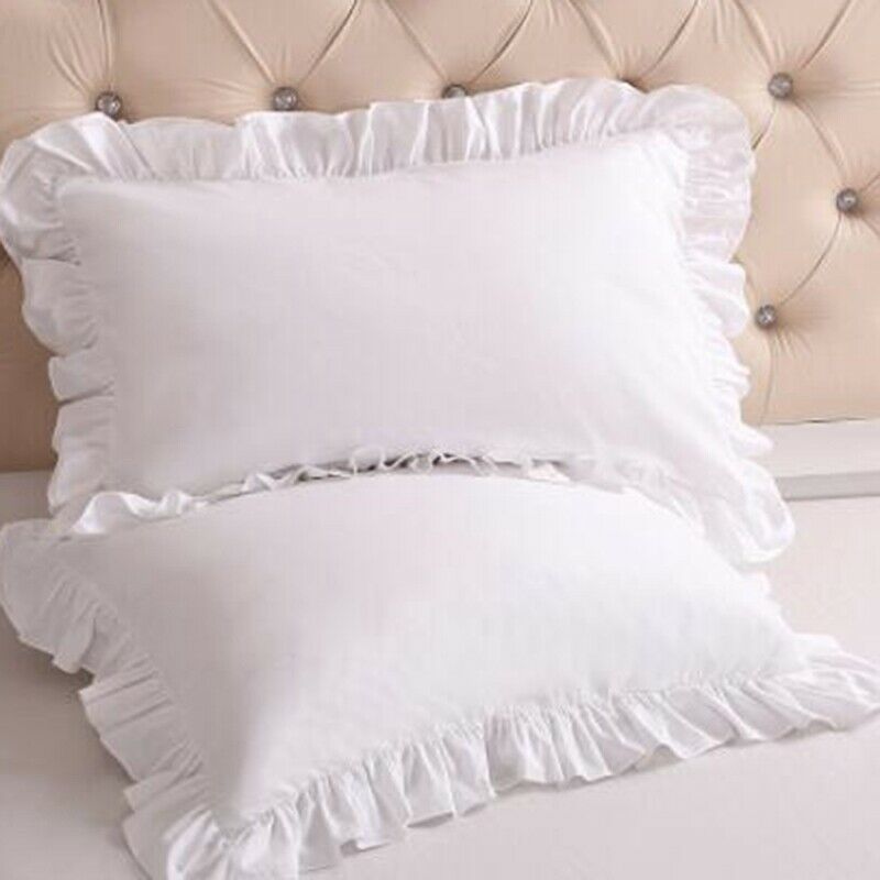 2Pcs White Pillowcase Bedding Cotton Solid Ruffle Pillow Sham Princess EuropeaK7