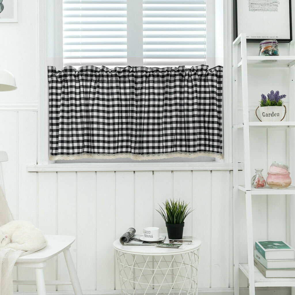2x Check Laces Cafe Kitchen Curtain Valances European Rural Window for