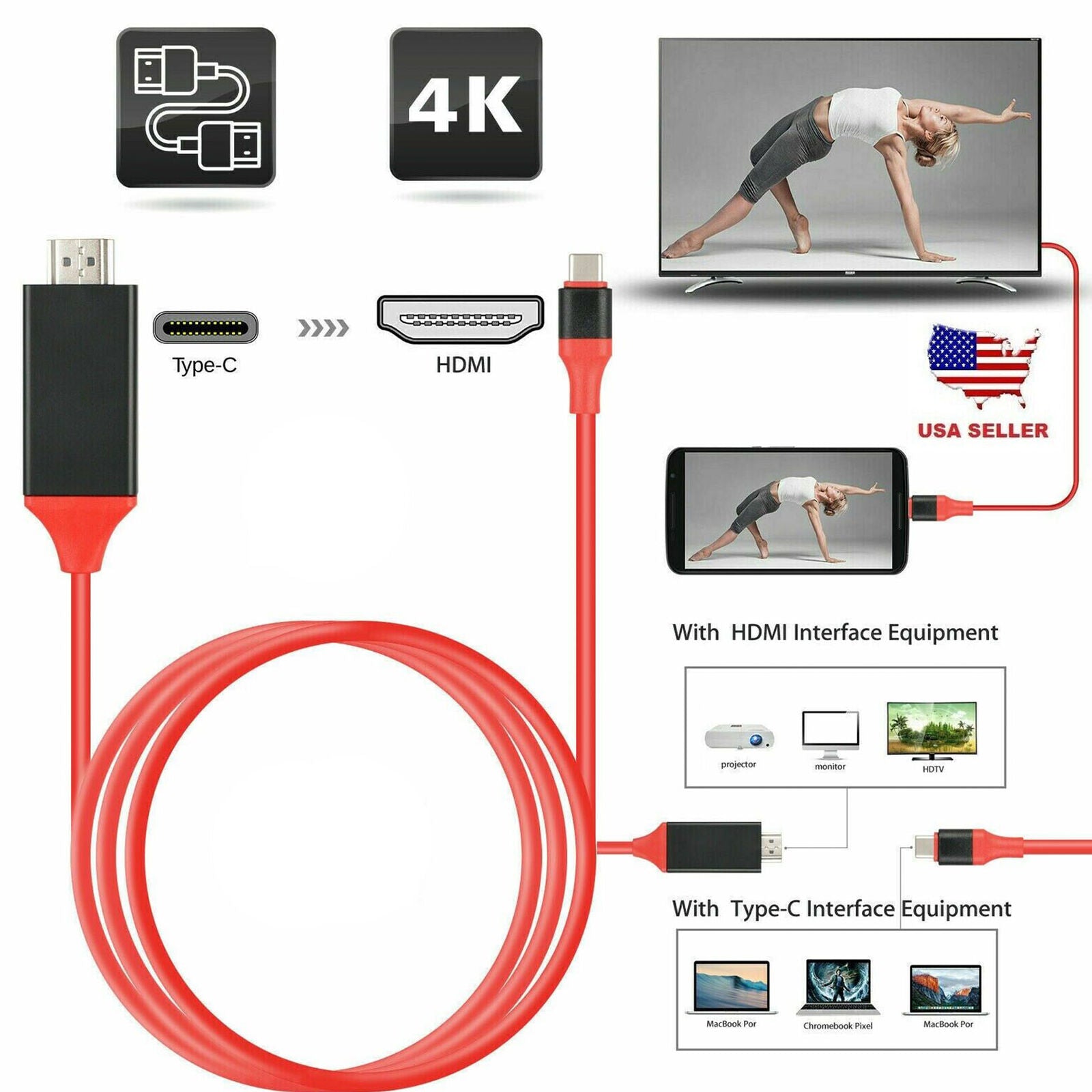 USB Type C to HDMI TV HDTV Cable Converter Adapter For Macbook Android Phone