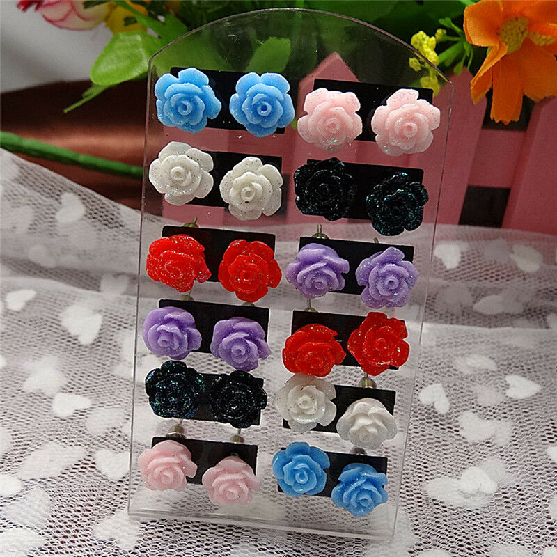 12 Pairs Rose Stud Earrings Mixed Color Flower Earrings Wholesale Jewelry .l8