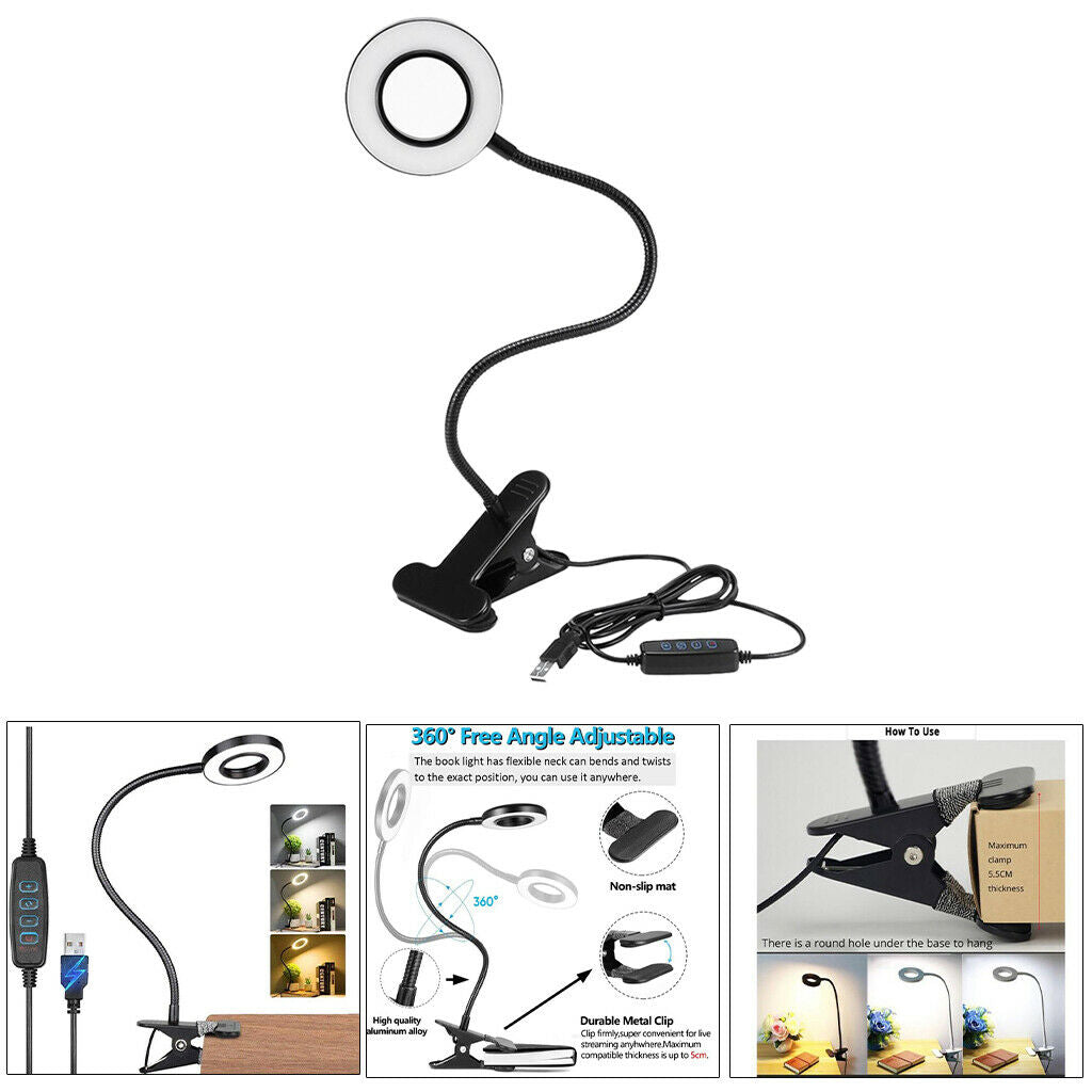 USB   Clip On Desk Lamp Reading Light 3 Color Modes Book Clamp Light