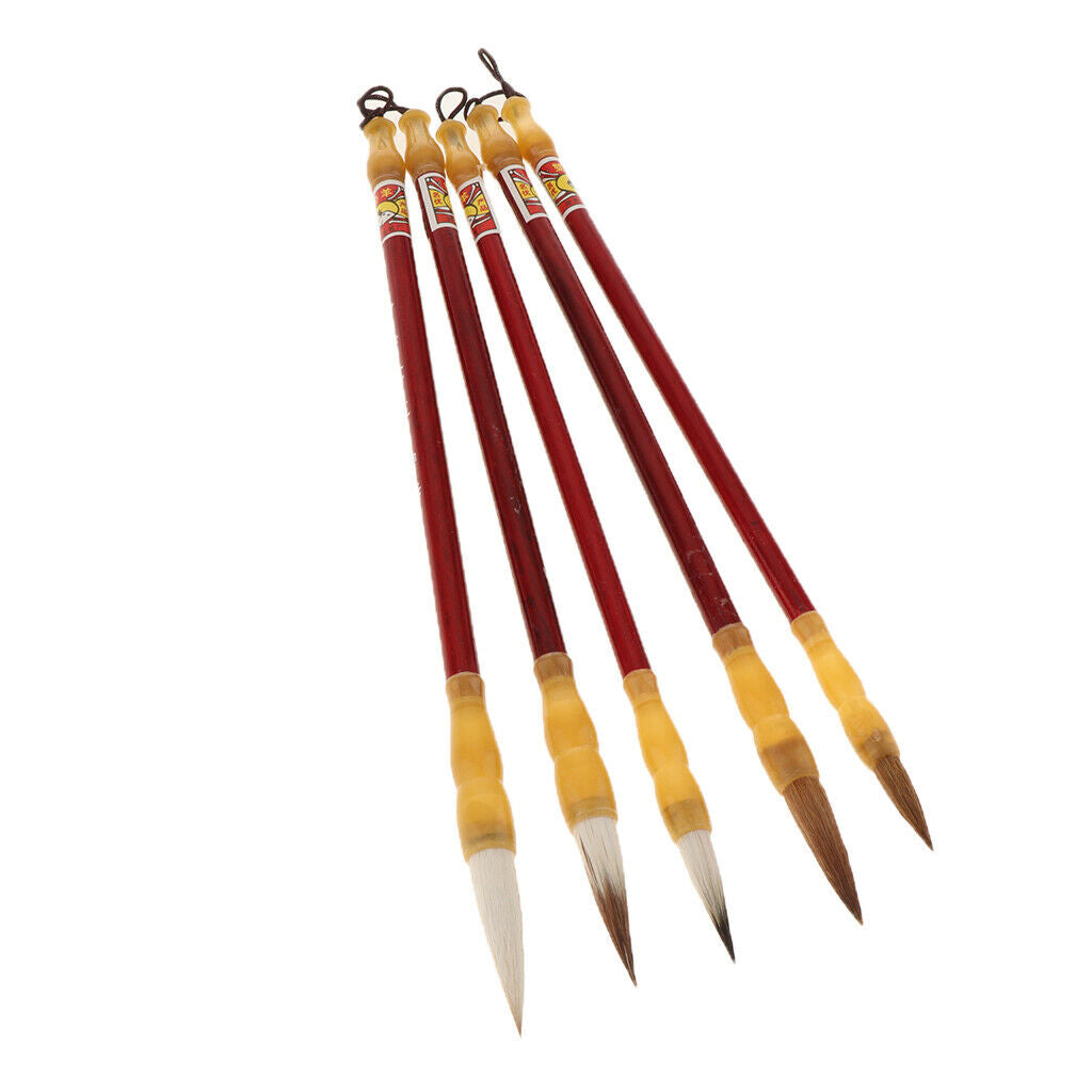 5pcs Chinese Calligraphy Kanji Japanese Drawing Wolf Hair Brushes Wood Shaft