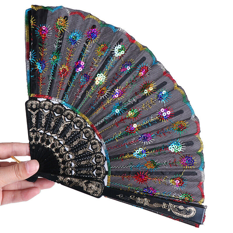 Rainbow color Christmas Dance Fan Peacock Pattern Folding Embroidered Gif.l8