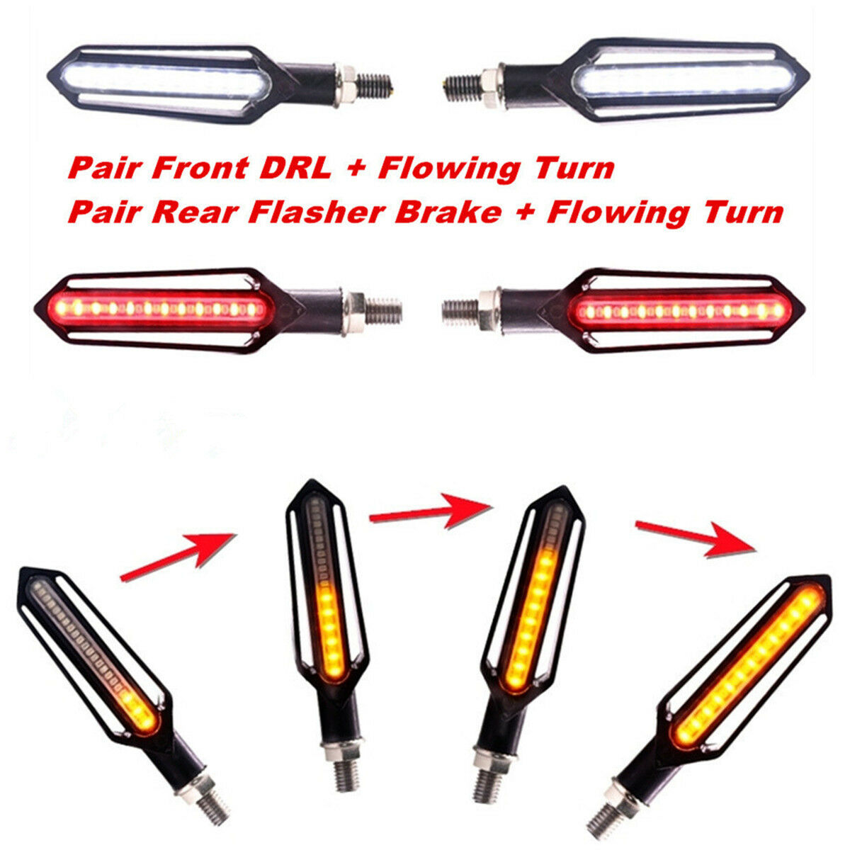 4Pcs Flowing LED Motorcycle Turn Signal Indicator Lights Rear Flasher Brake Lamp