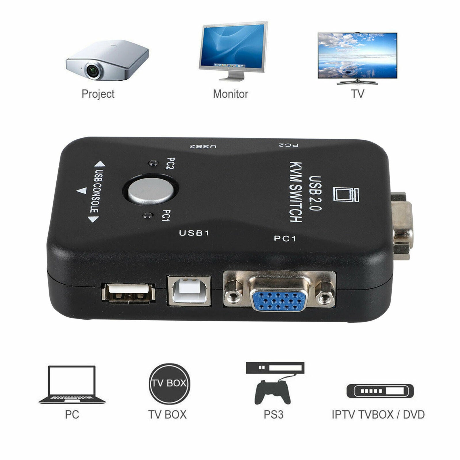 2 Port USB 2.0 KVM VGA Switch w/VGA USB Cable For Mouse Keyboard Monitor PC New