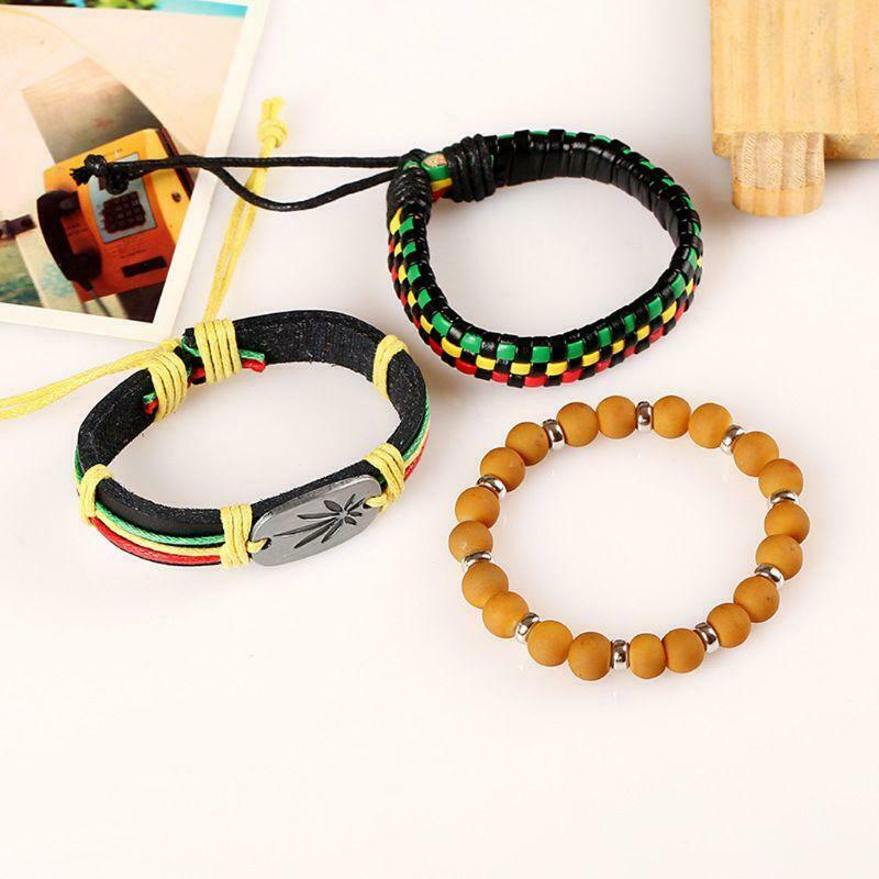 Jamaica Leather Weed Hemp Cord Woven Braided Bracelets Rasta Reggae Jeweley 3Pcs