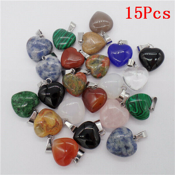 15Pcs 16x16x7mm Multicolor Mixed Stone Love Heart Healing Pendant Bead HH9492