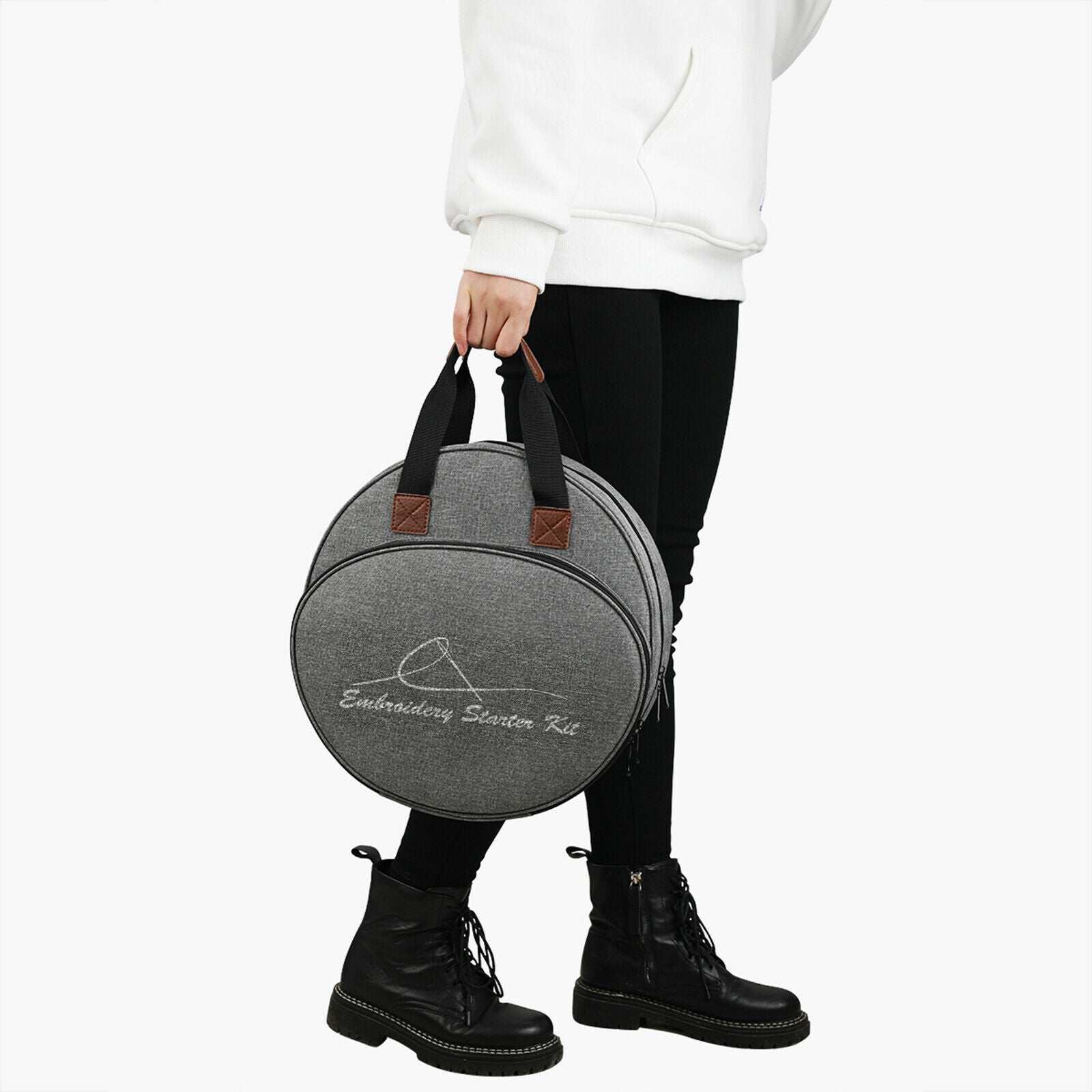 Round Knitting Crochet Bag with Web Pocket Needle Storage Organizer Gray