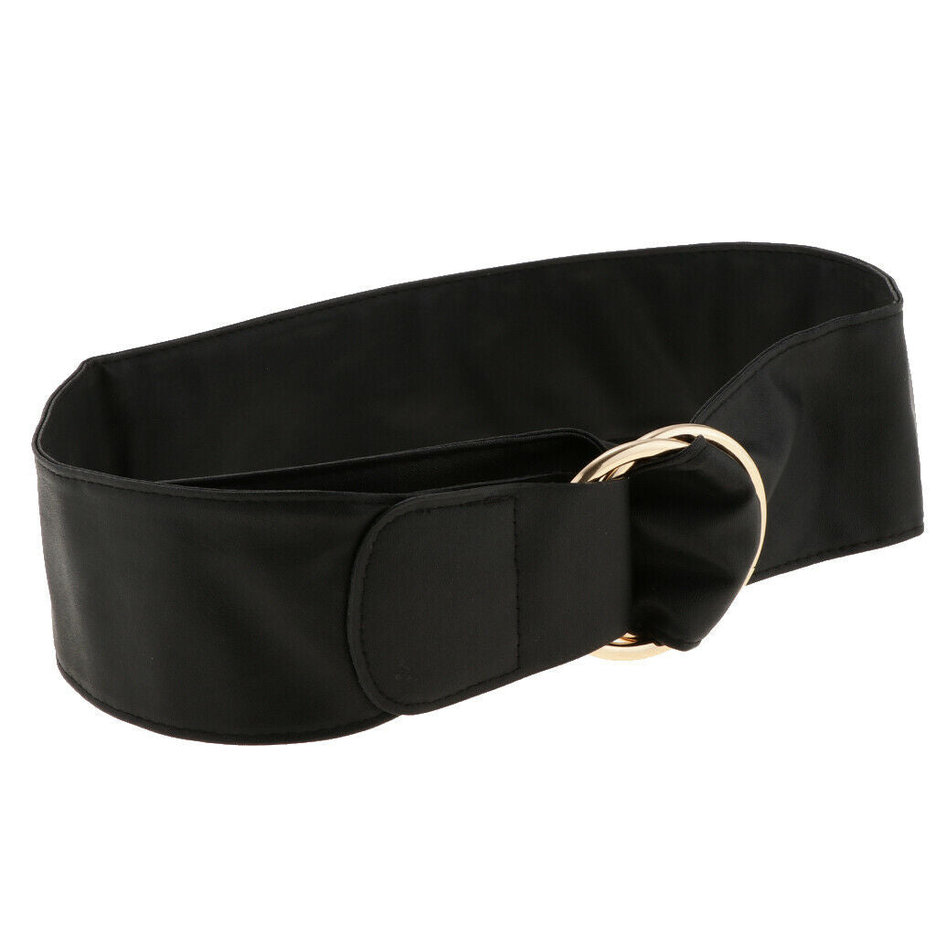 Women Girdle Double Round Buckle Waistband Retro PU Leather Belly Belt Black