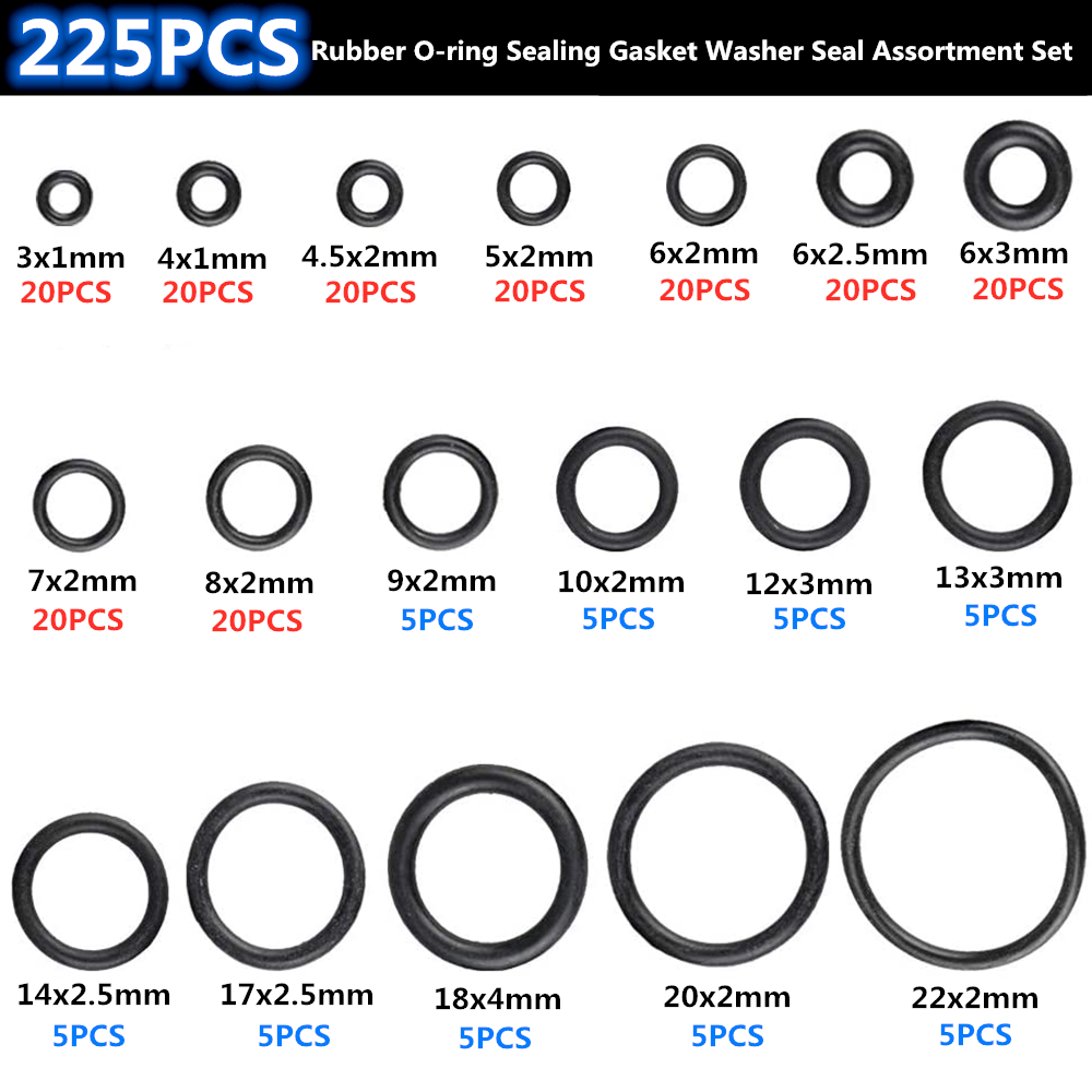 225Pcs 18 Sizes Rubber O-Ring Washers Assortment Set Gasket Automotive Seal Kit