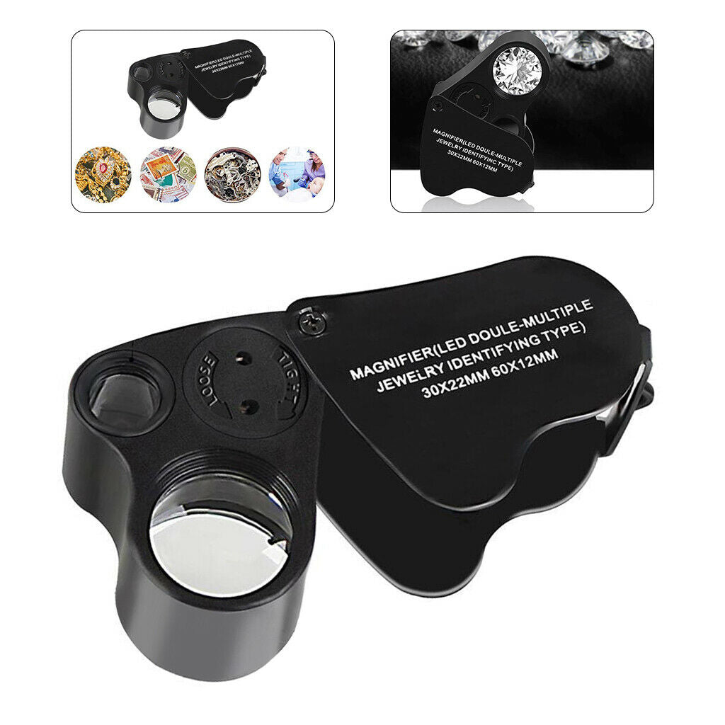 30X 60X Handheld Pocket Jewelers Loop Eye Glass Magnifier Loupe 2 LED Light
