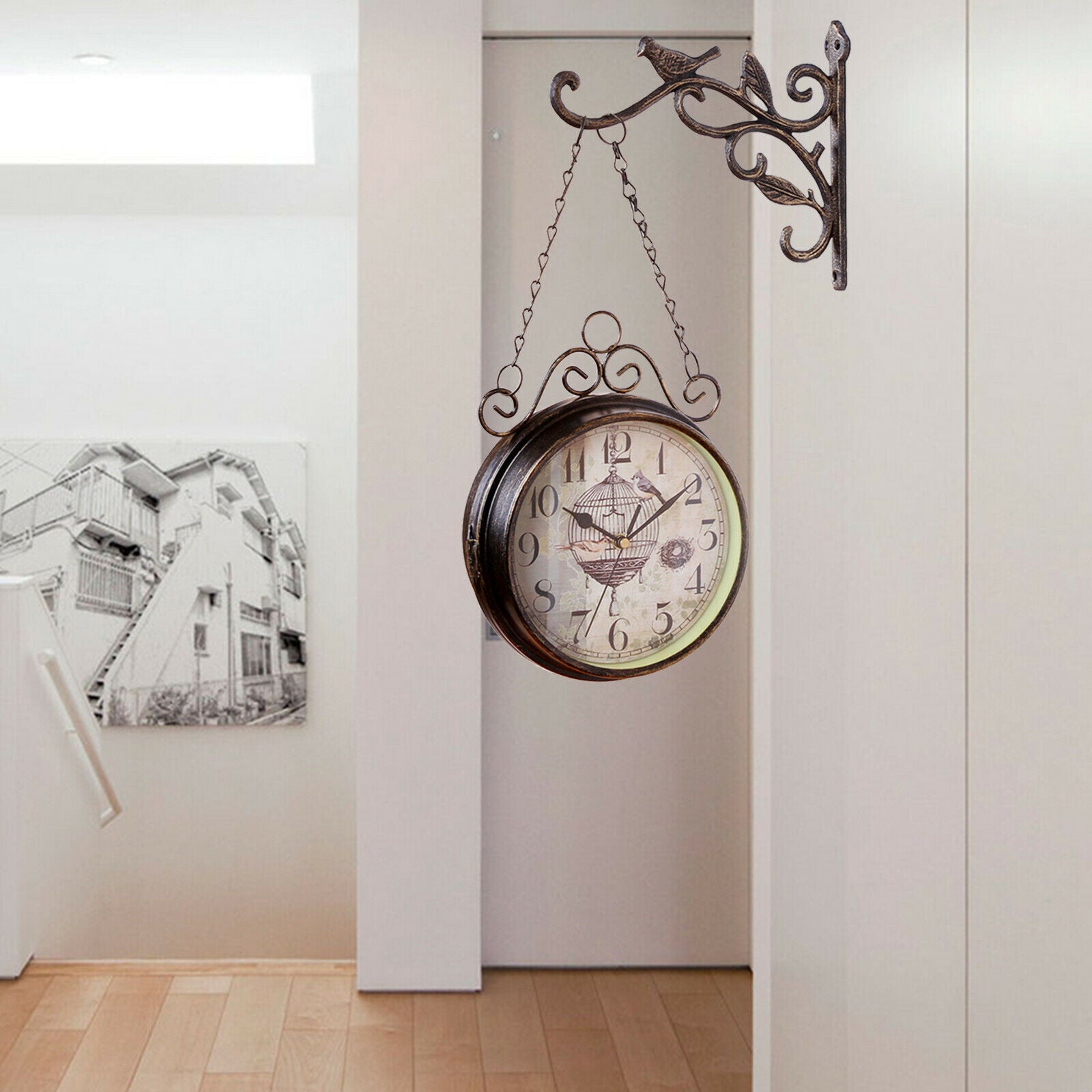 Double Sided Wall Clock Metal Decoration Retro Quiet for Garden Kitchen