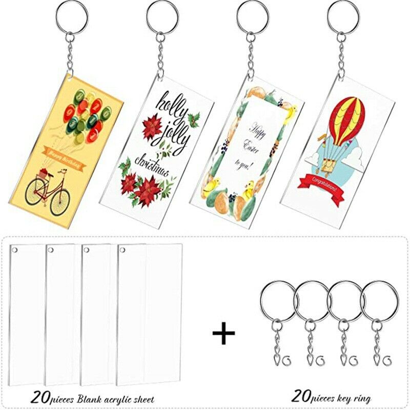 20Pcs Blank Keyrings Acrylic Clear Rectangle Discs Pendant Keychain DIY Making