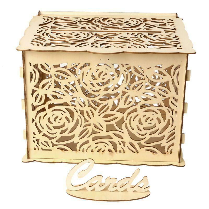 DIY Wedding Gift Rose Flower Wooden Card Money Box Case With Lock Rustic Party